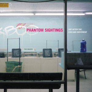 Book cover showing a window to an empty laundromat with graffiti on the window and the title "Phantom Sightings" in pink text.