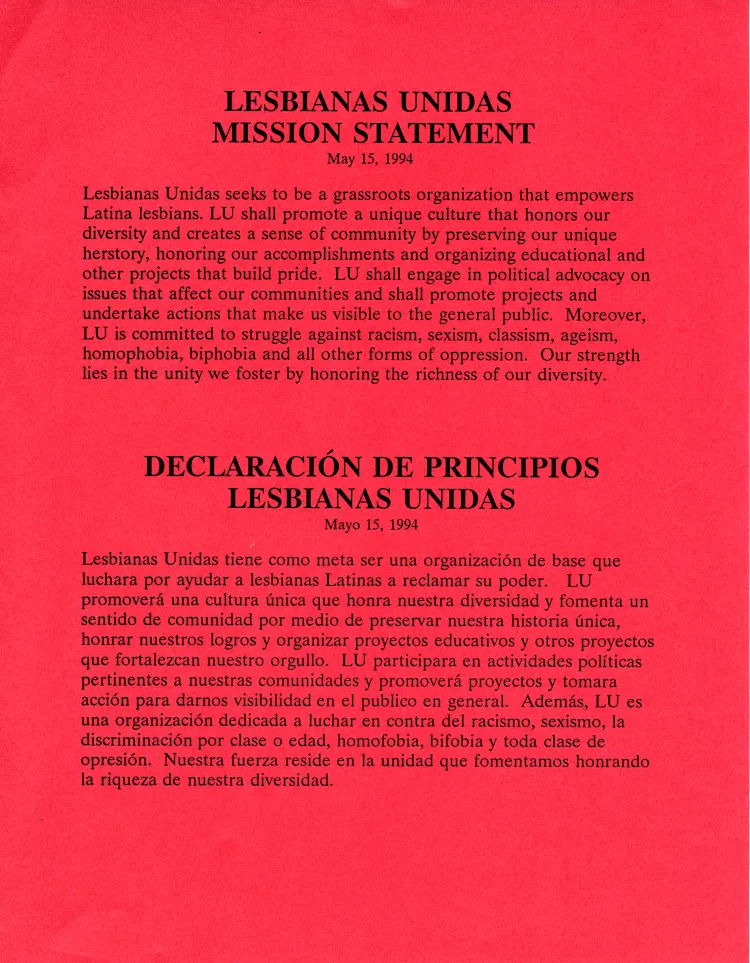 Lesbianas Unidas mission statement in English and Spanish in black text on red background, describing the organization's principles. 