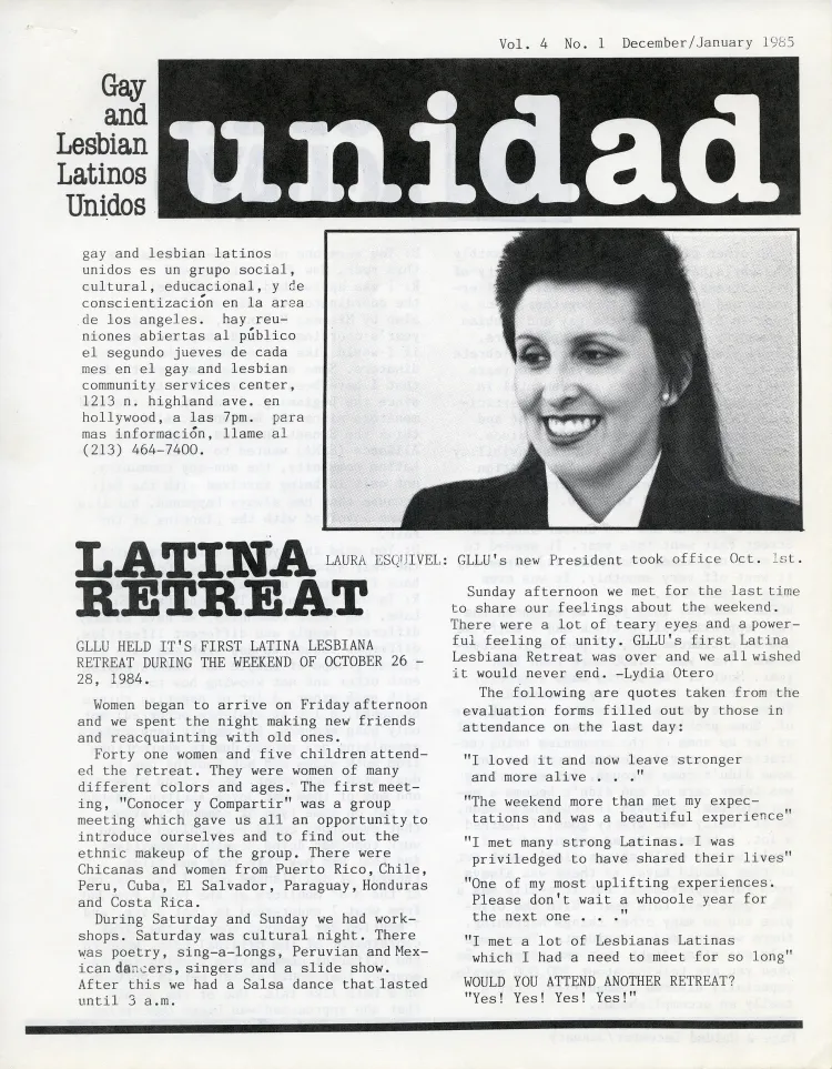 Black and white Unidad newsletter page featuring a photograph of Laura Esquivel and an article titled "Latina Retreat."