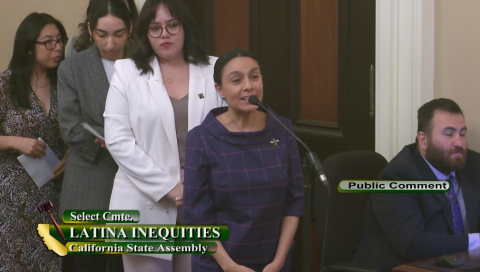 Veronica Terriquez gives a public comment during the Latina Inequities committee hearing.
Photo courtesy of the California Legislature.