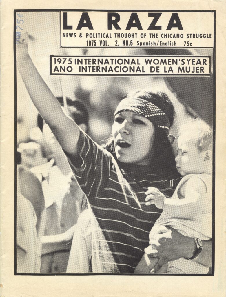 La Raza Magazine cover showing a black and white photo of a woman raising her fist while holding a child during a march in 1975.