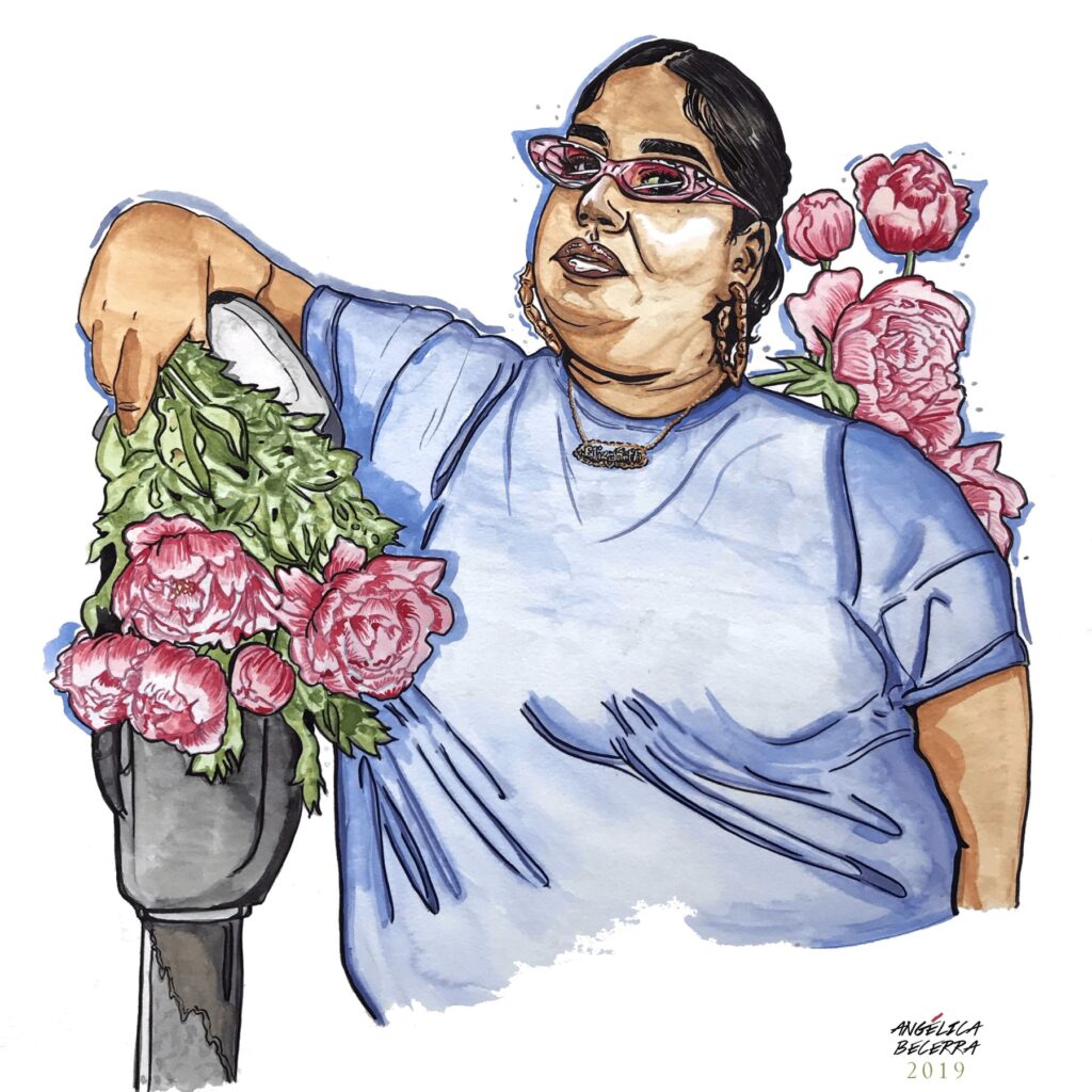 Watercolor and ink portrait of Elizabeth Blancas wearing glasses and a blue shirt, surrounded by pink peonies.