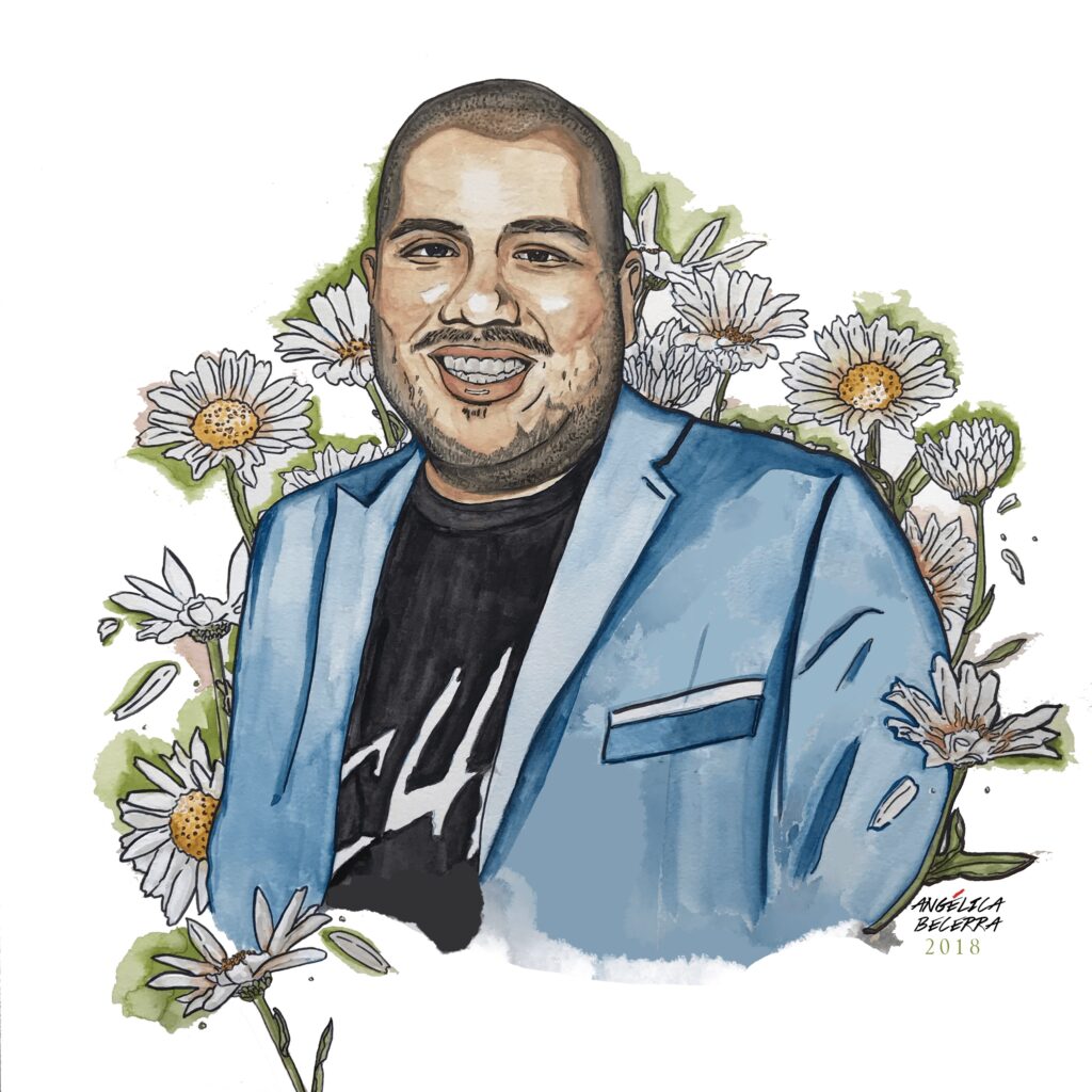 Watercolor and ink portrait of Julio Salgado wearing a blue jacket, surrounded by white daisies.