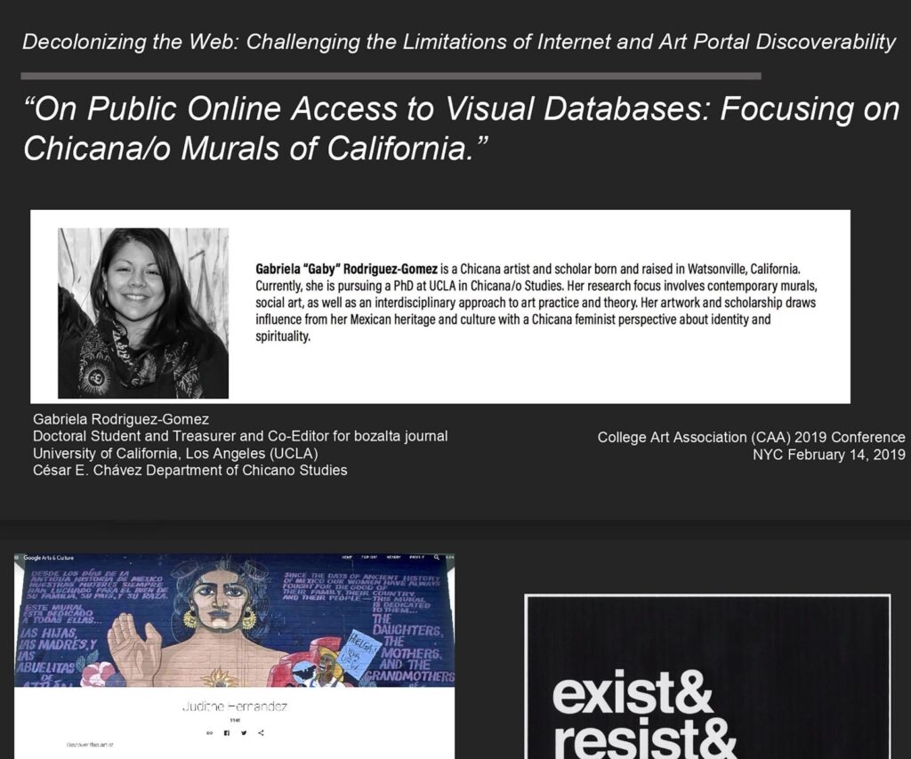 Presentation slide with a photo of Gabriela Rodriguez-Gomez and details about public access to Chicana/o mural databases.