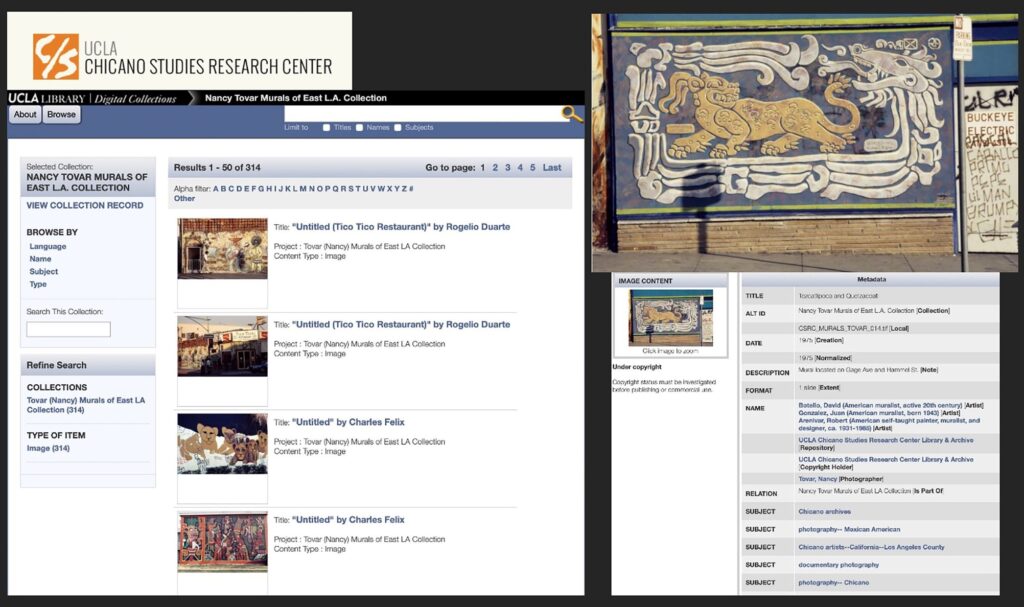 Screenshot of the Nancy Tovar Murals of East L.A. Collection website showing mural search results and information about a mural.