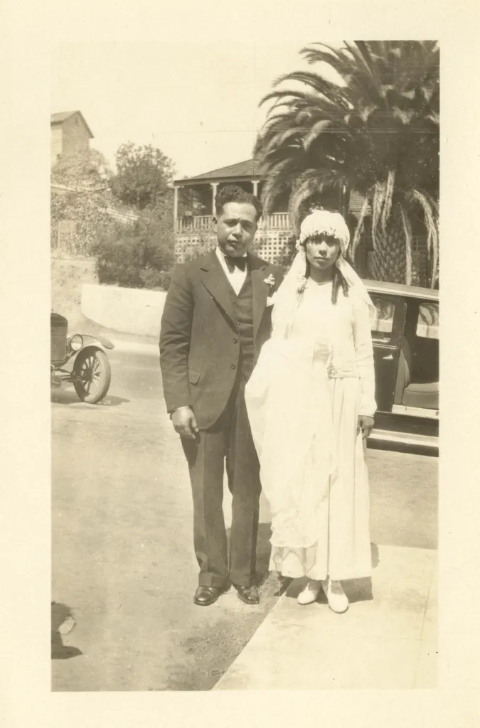 Black and white wedding photograph of Josefa and Teodor Serna standing together in 1929.