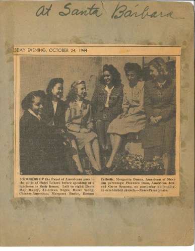 Newspaper clipping showing six members of the Panel of Americans seated together before a presentation in 1944.