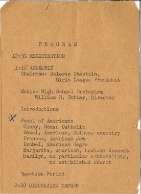 Typed 1945 event program with details for a Panel of Americans presentation and discussion groups.
