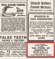 Newspaper clippings with advertisements, including an ad for the Panel of Americans radio program on KFWB.