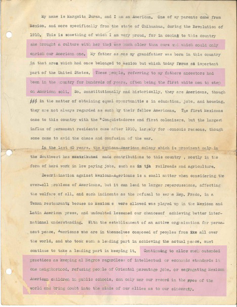Two-paged typed speech by Margarita Duran with several sentences highlighted in pink.