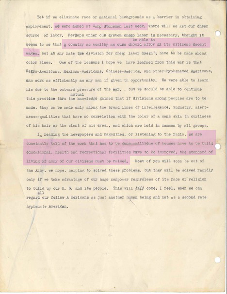 Two-paged typed speech by Margarita Duran with several sentences highlighted in pink.