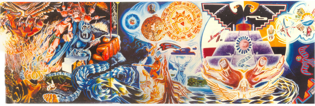 Colorful mural showing Indigenous figures, animals, symbols, and an eagle surrounding a pyramid.