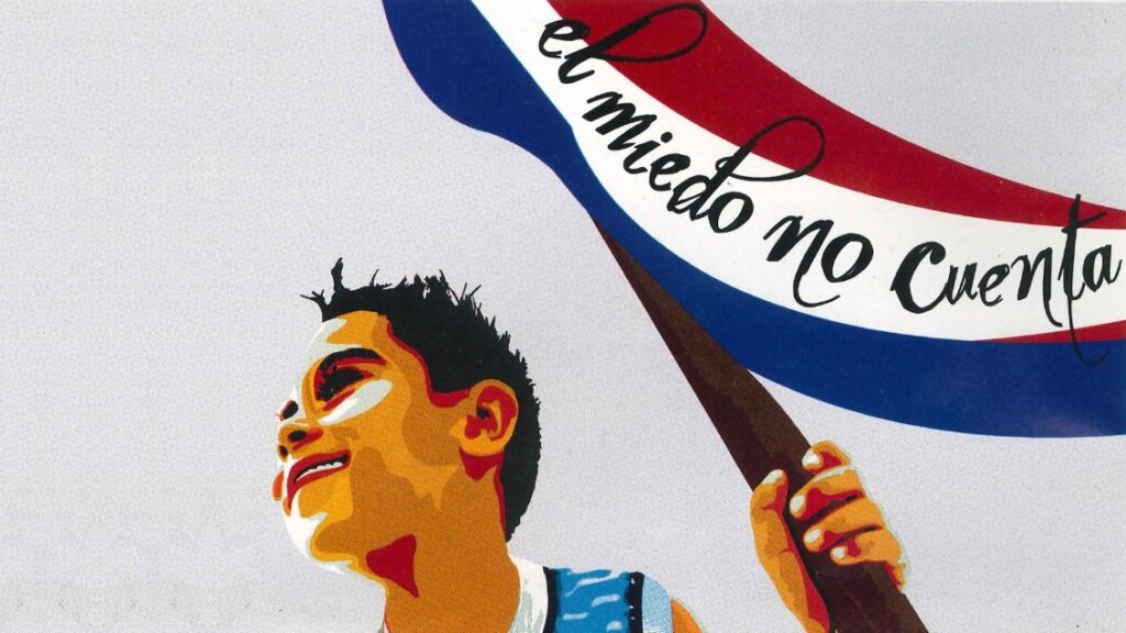 Illustration of a young man holding a red, white, and blue flag with the words "El miedo no cuenta."