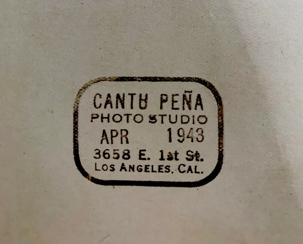 Photograph of a Cantu Peña Photo Studio stamp dated April 1945 with a Los Angeles address.