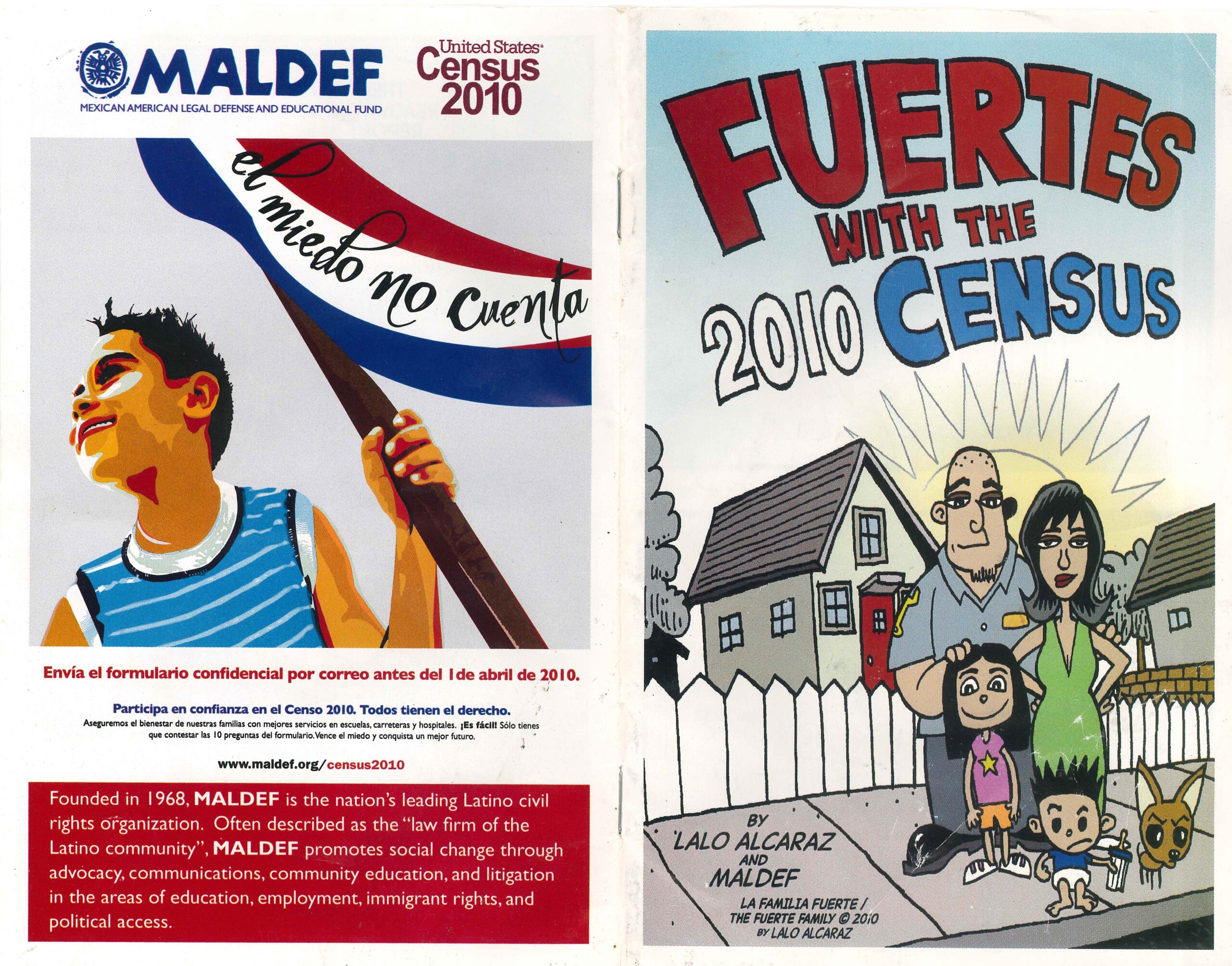 Front and back cover of Fuertes with the 2010 Census, showing Census artwork and a family outside a home.