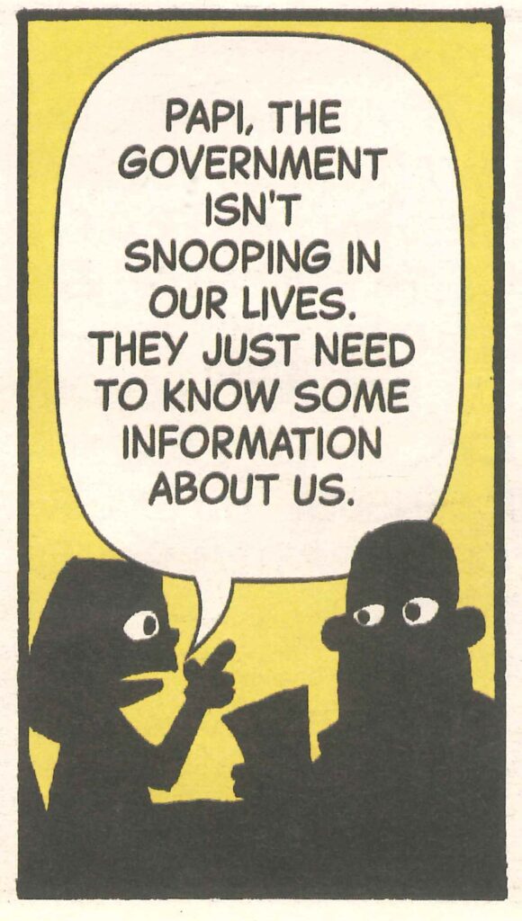 Cartoon showing a father and child discussing why the government needs information about them for the Census.