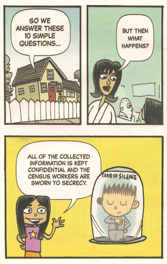 Comic page explaining that census questions are kept confidential and Census workers are sworn to secrecy.