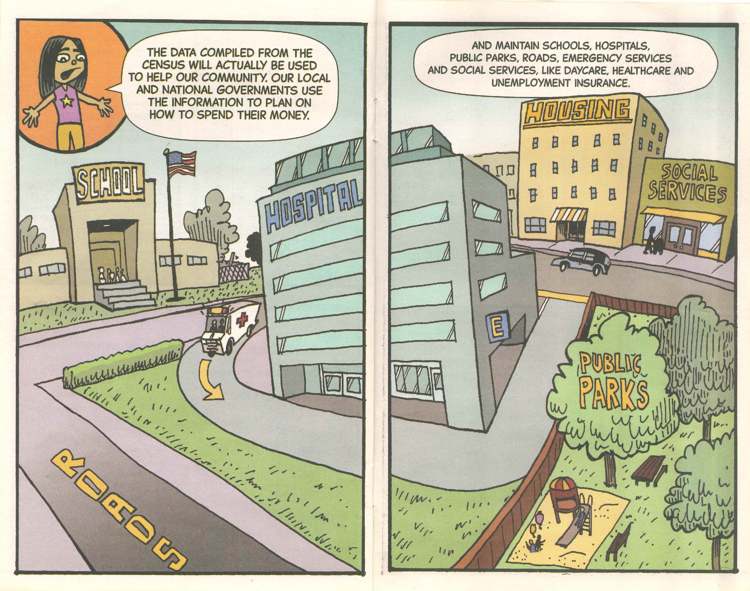 Comic pages showing how Census information helps fund schools, hospitals, housing, social services, and public parks.