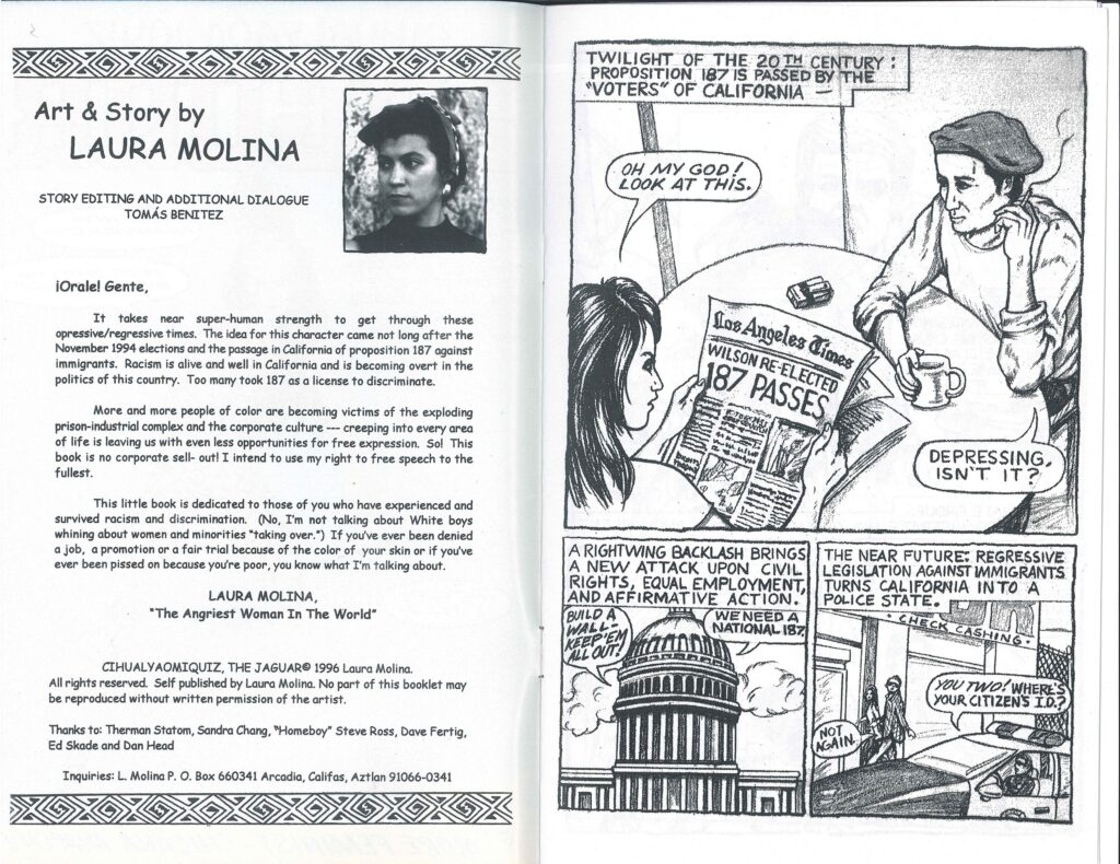 Black and white comic pages from The Jaguar showing scenes about racism, immigration, and political issues.