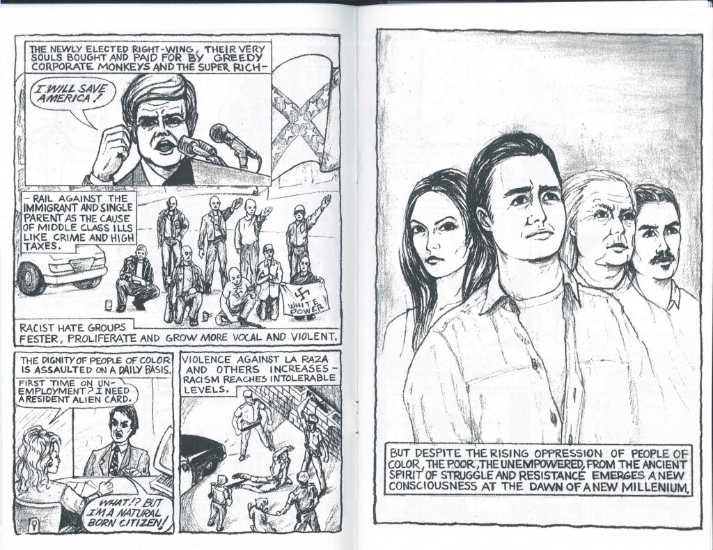 Black and white comic pages from The Jaguar showing scenes about racism and violence, with four people standing together on the right.