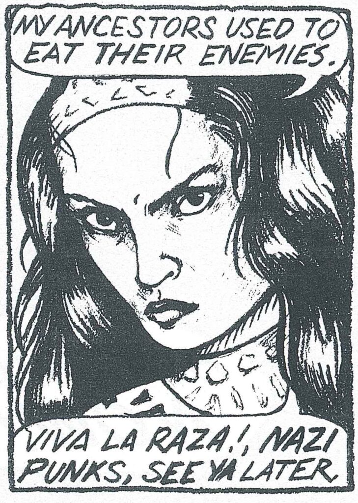 Black and white comic panel from The Jaguar showing a close-up of a woman with text about her ancestors and resisting racism.