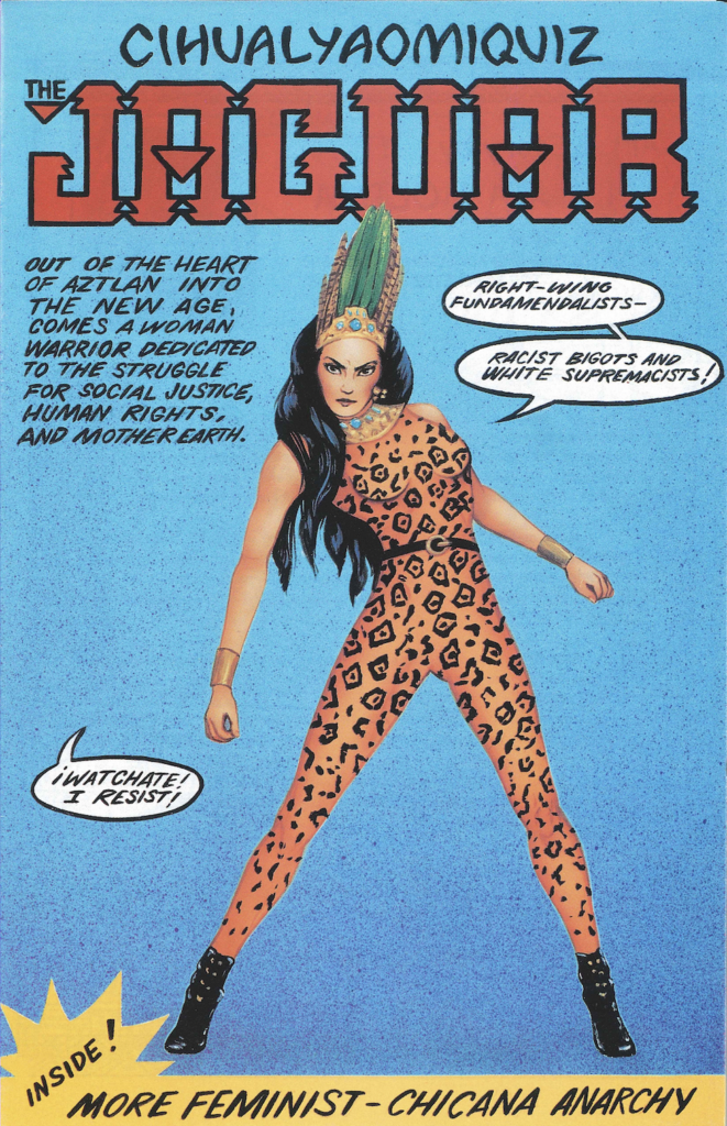 Colorful The Jaguar comic cover showing a woman in a jaguar-print outfit with speech bubbles about fighting racism and white supremacy.