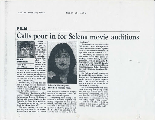 Newspaper article about open auditions for the 1997 film Selena, with a black and white photo of Selena.
