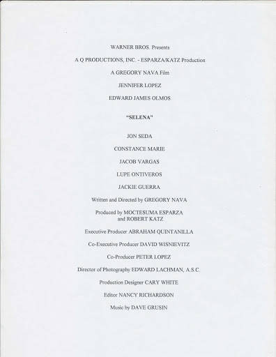 Document showing the cast and production credits for the 1997 Selena film.