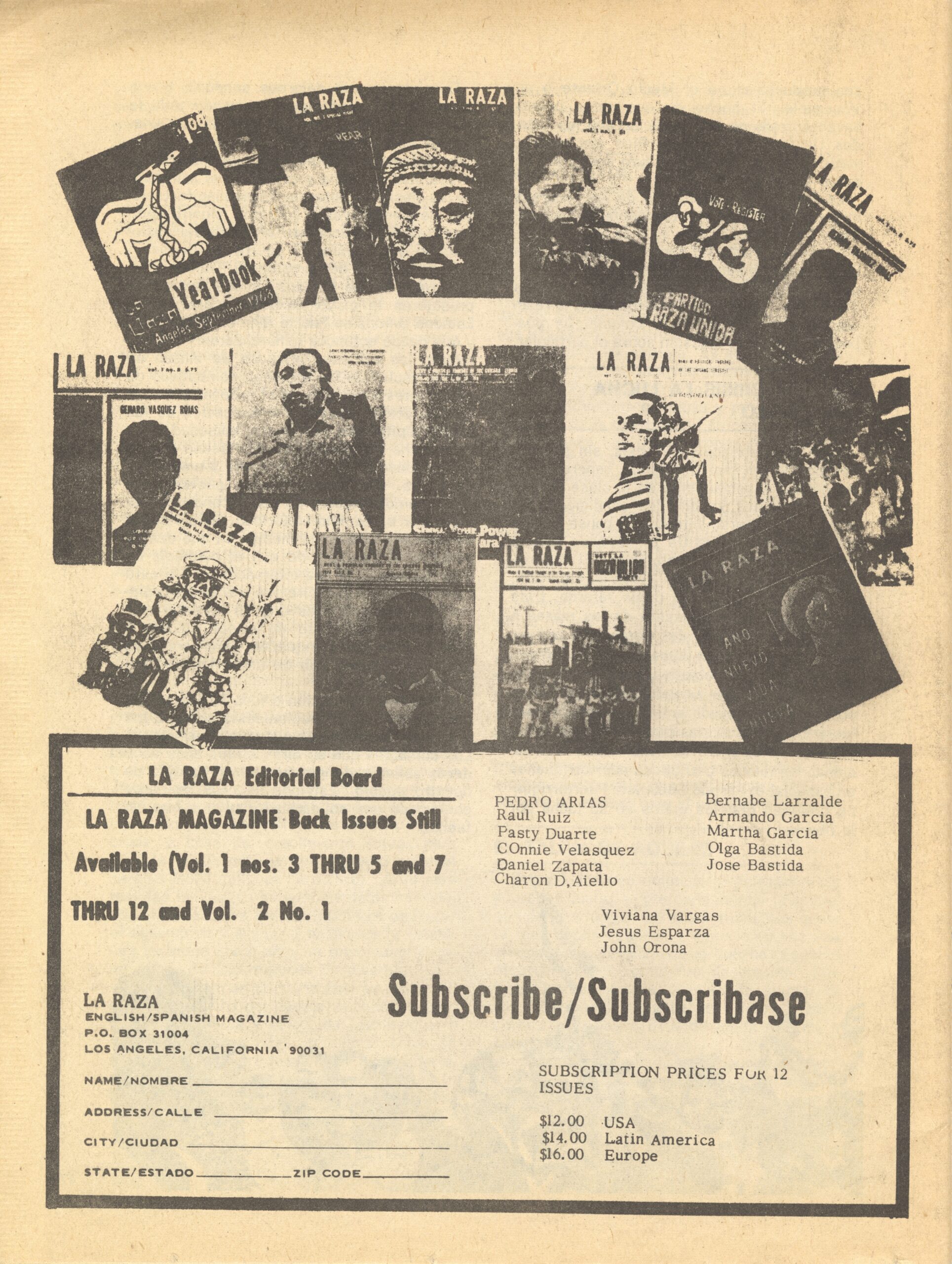 La Raza Magazine page showing a collage of past magazine covers above editorial board information,