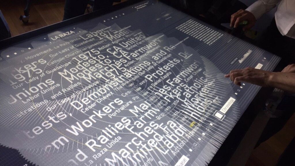 Photo of people using the Autry Interactive touchscreen showing a word cloud with La Raza topics and terms.
