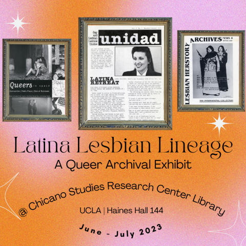 Gradient orange and pink flyer showing three pieces of archival ephemera, plus the exhibition title and location.