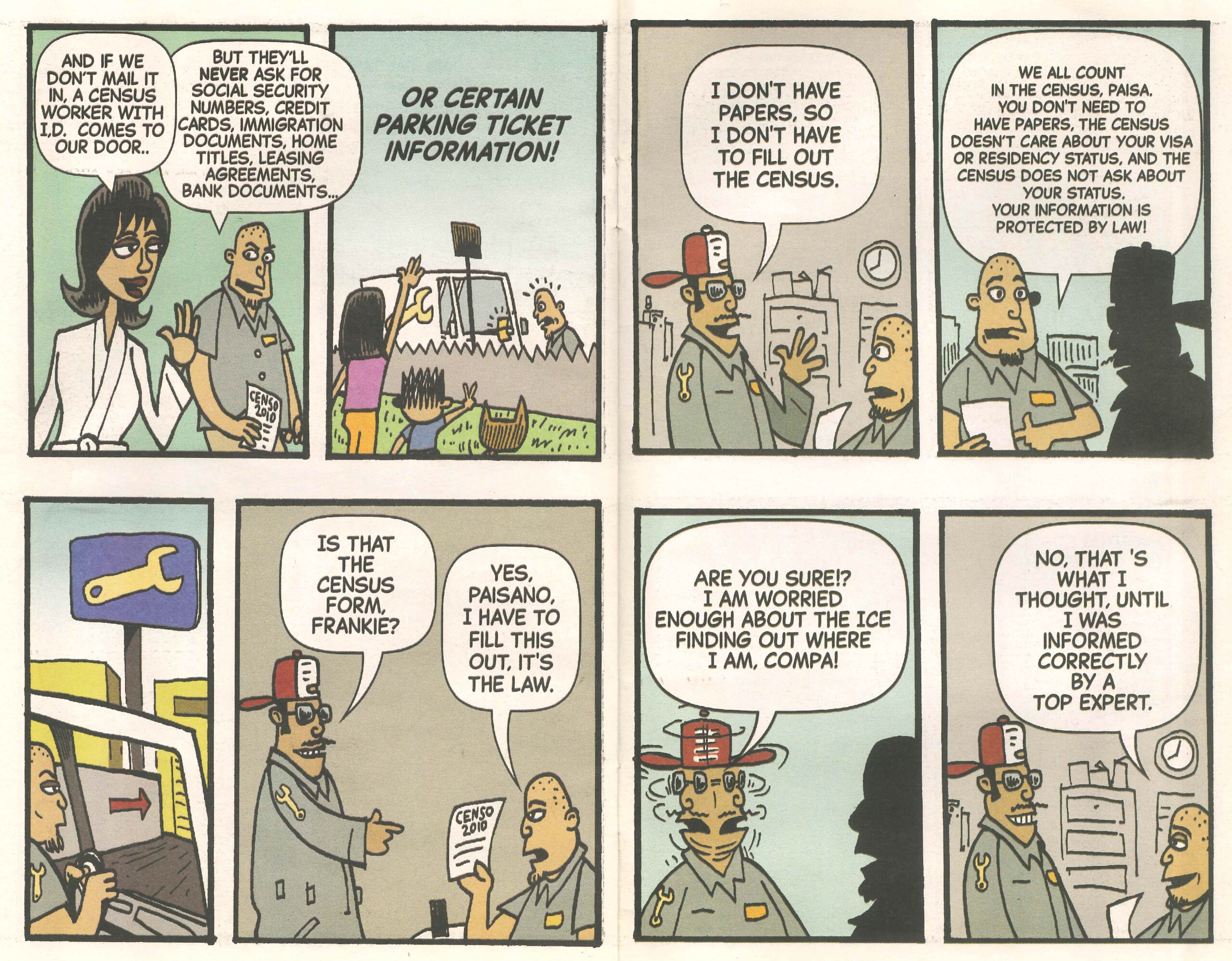 Comic pages showing people discussing Census questions, personal information, and concerns about immigration status.