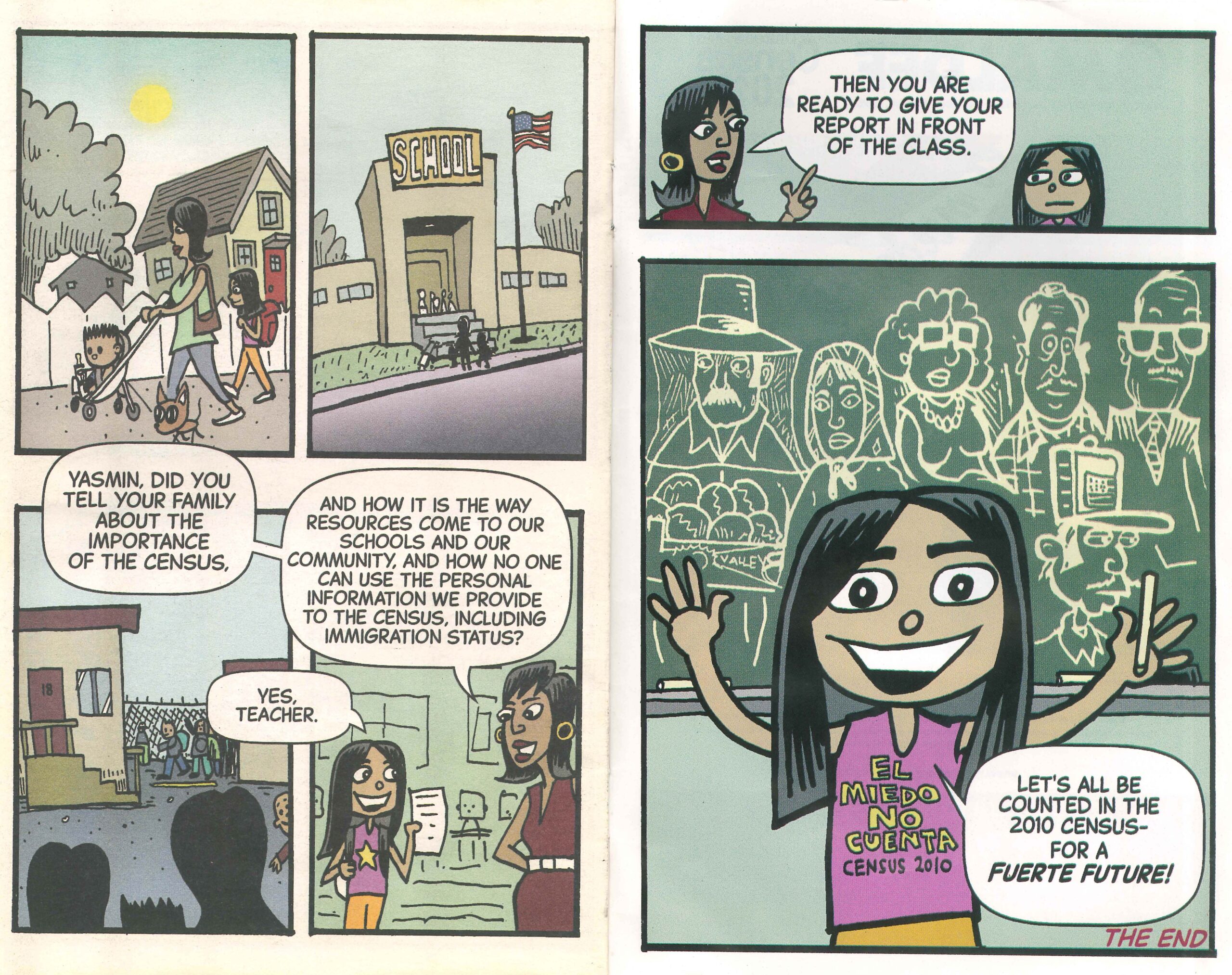 Comic pages showing a girl explaining the importance of the Census at school and encouraging everyone to be counted.