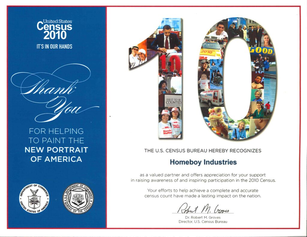 2010 Census certificate thanking Homeboy Industries for its support and participation in the census.