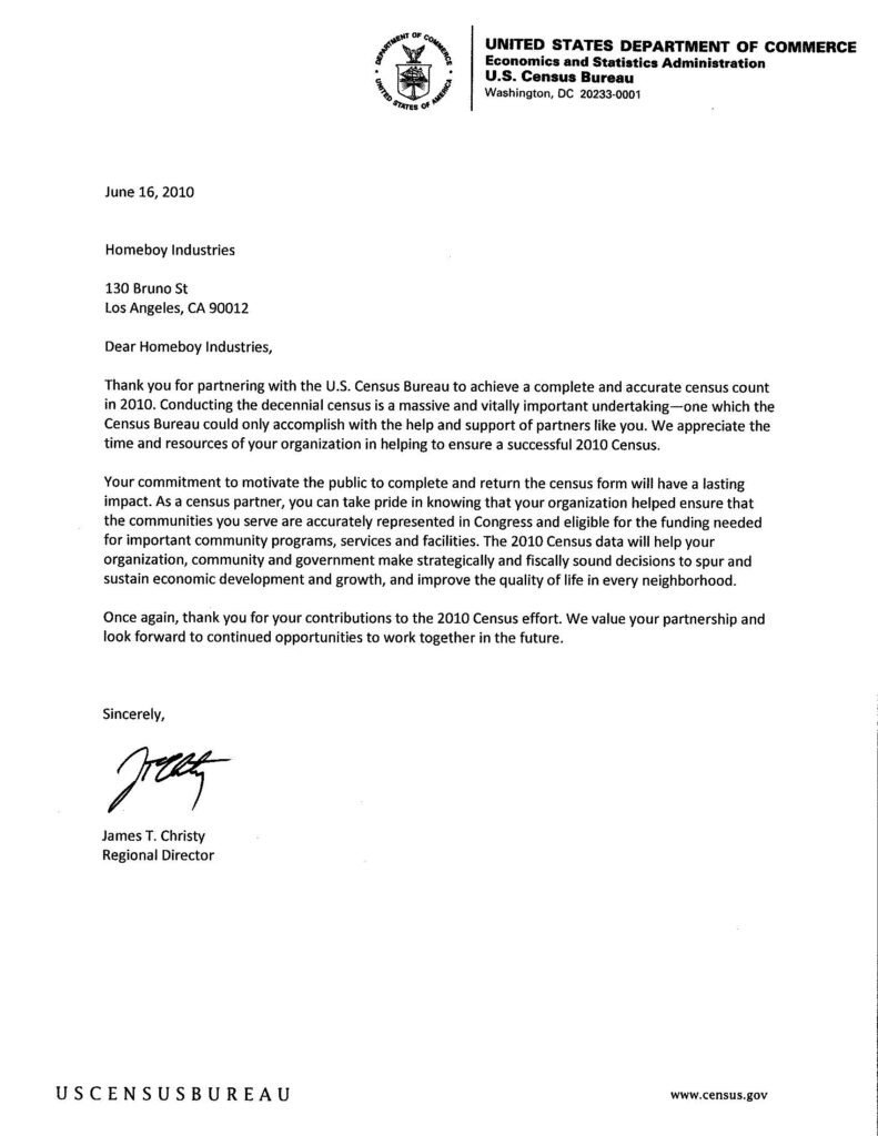 Letter from the U.S. Census Bureau thanking Homeboy Industries for its support for the 2010 Census.