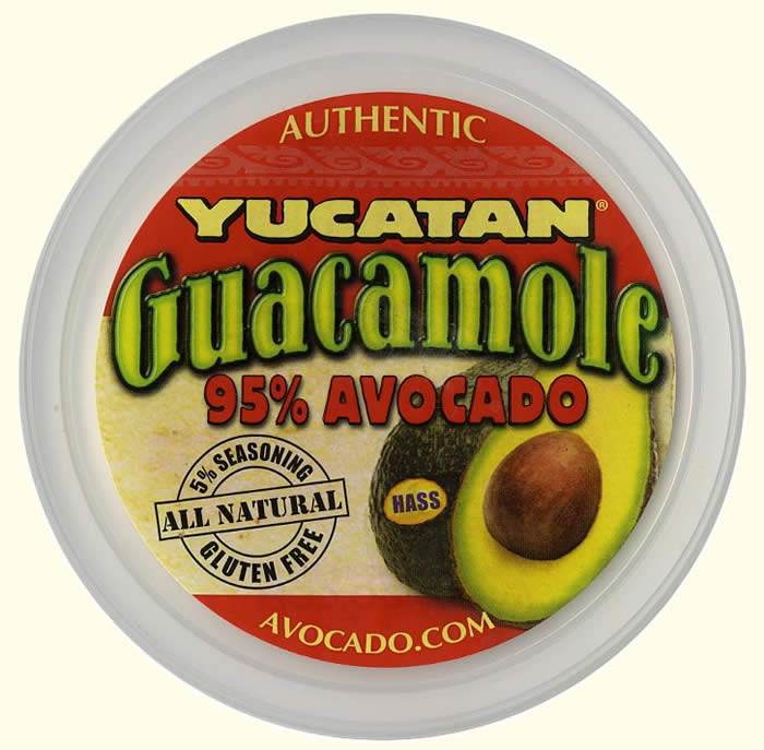 Round Yucatan Guacamole container label with red and green text, stating 95% avocado, beside a drawing of an avocado.