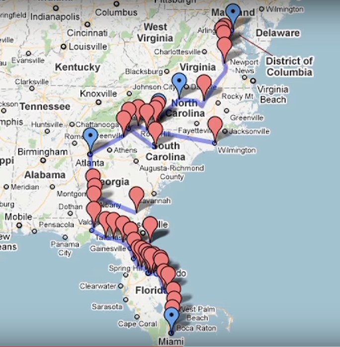 Map showing the Trail of Dreams route from Miami to Washington, D.C., with red and blue location pins.