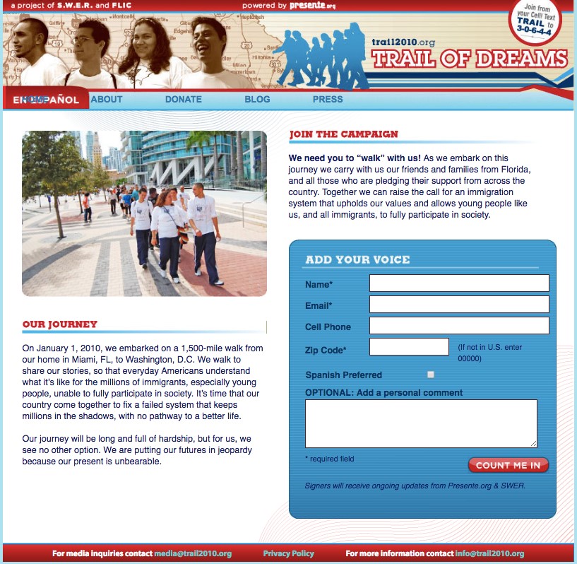 Trail of Dreams website showing a group walking outdoors, information about the campaign, and a form to join.