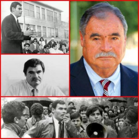 Collage showing a color portrait of Sal Castro surrounded by black and white photos of him speaking and standing with students.