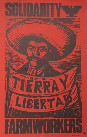 Red and black block print showing Emiliano Zapata wearing a sombrero with the words "Solidarity," "Tierra y Libertad," and "Frameworks."