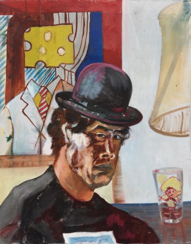 Painted self-portrait of the artist wearing a black hat and dark shirt, with colorful artwork painted in the background.