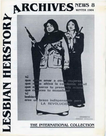 Cover of the 1984 Lesbian Herstory Archives newsletter with a black and white illustration of two women, and Spanish text, including "La Revolution."
