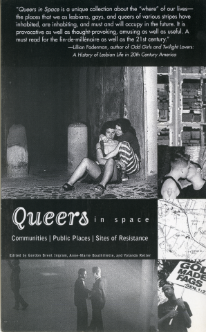 Black and white postcard for the book Queers in Space showing a collage of photographs of LGBTQ+ people hugging and protesting.