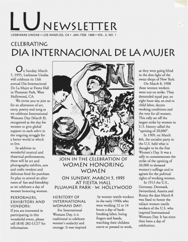 Black and white 1995 Lesbianas Unidas newsletter celebrating International Women's Day, with an illustration of four women plus event information.