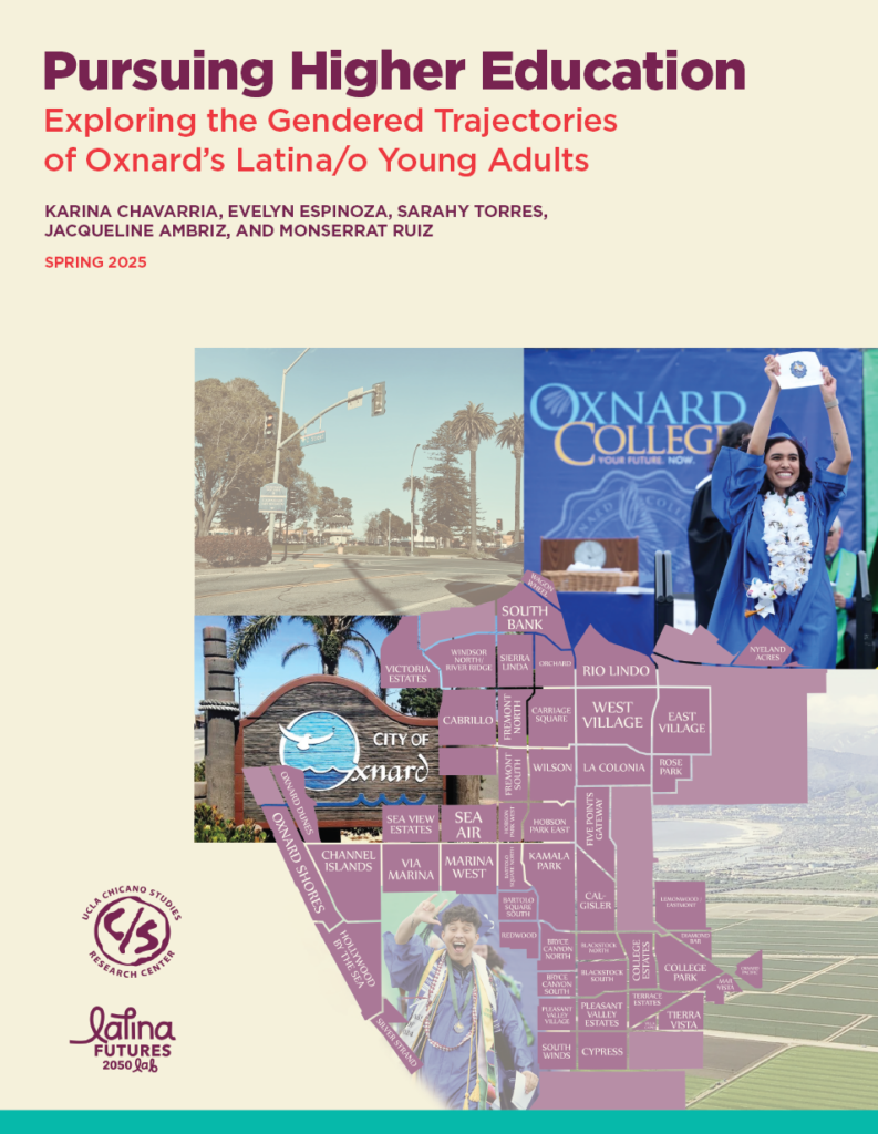 Yellow report cover showing a map of Oxnard with photos of students wearing caps and gowns, a city street, the Oxnard sign, and farmland. 