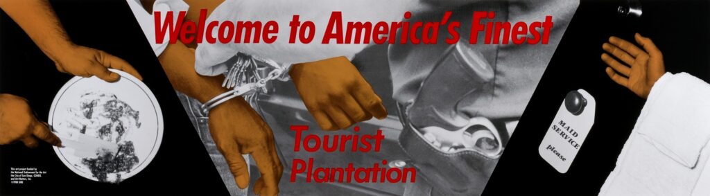 Horizontal photo collage bus poster with hands washing dishes, opening a hotel room door, and in handcuffs, with the exhibition title in red text.