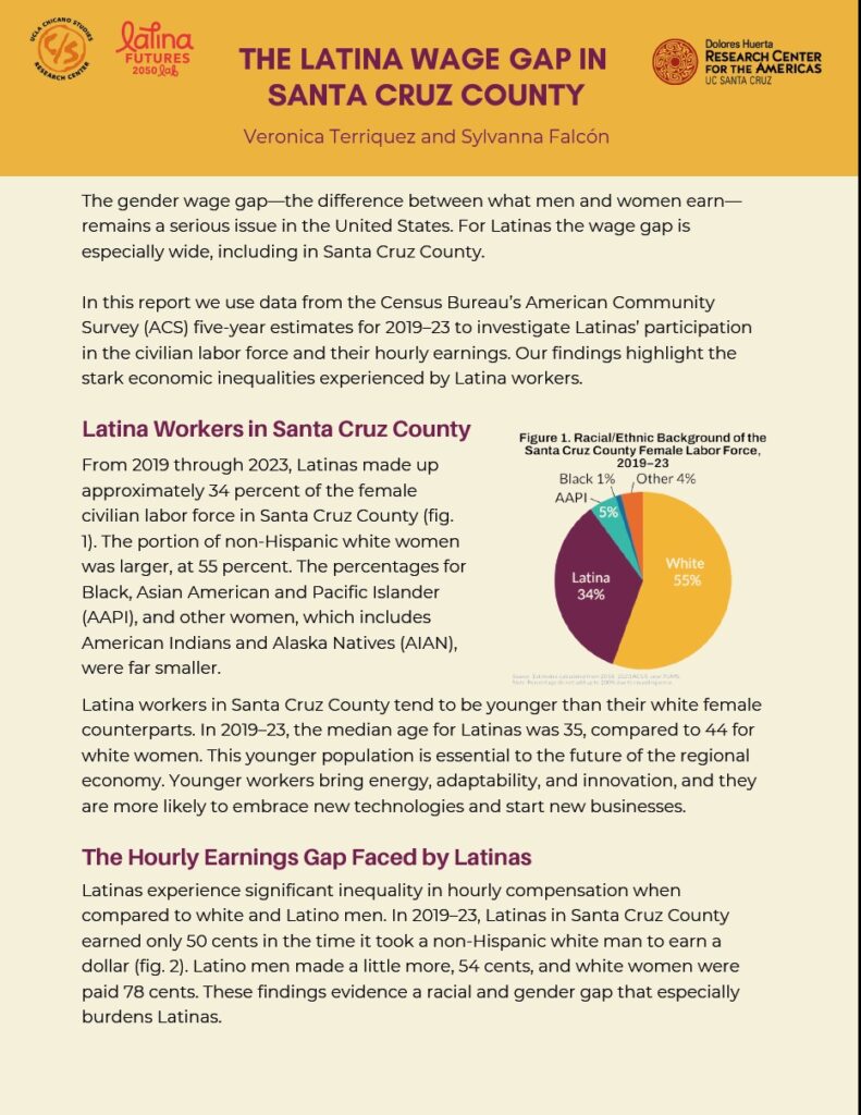 Research brief titled "The Latina Wage Gap in Santa Cruz County," with text and a pie chart showing Latina racial and ethnic demographics.