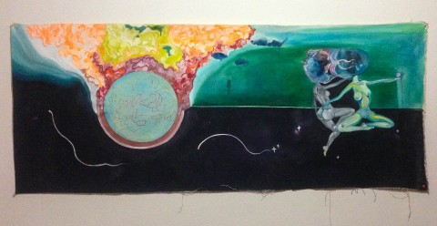 Colorful painting with orange, yellow, green, and blue shapes surrounding a large circle above a black section below.