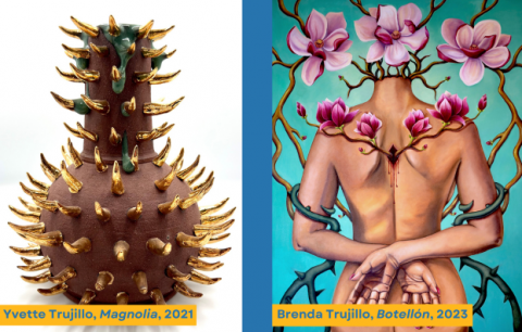 Two artworks displayed side by side, a brown sculpture with gold spikes and a painting of a human figure surrounded by branches and pink flowers.