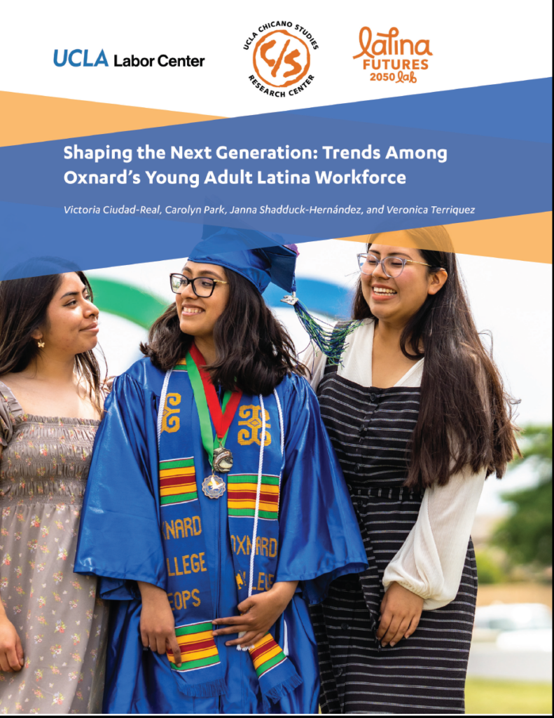 Report cover showing three Latina women smiling together, with one wearing a blue Oxnard College graduation cap and gown.